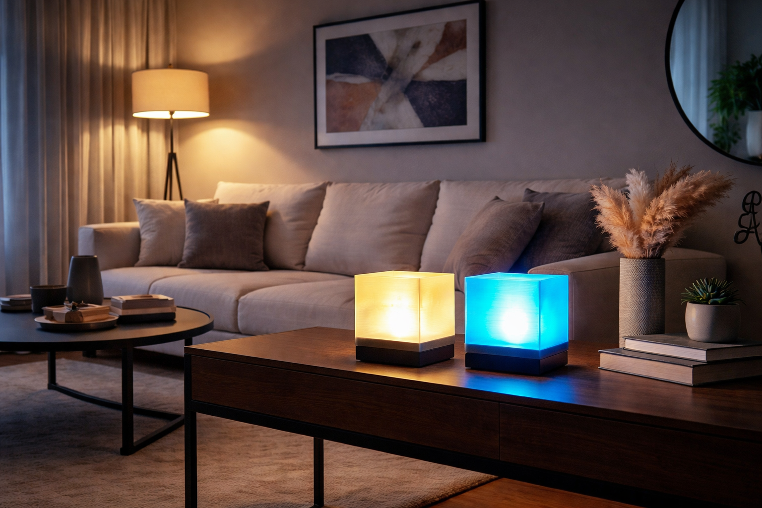Modern decorative cube LED table lamp emitting blue ambient night light Cube LED night lamp for bedroom with energy efficient soft glow Decorative cube shaped LED lamp for living room and bedside use Minimalist cube LED lamp for home décor and ambient lighting Blue cube LED table lamp creating relaxing mood lighting indoors