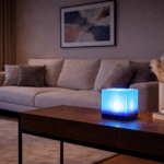 Modern decorative cube LED table lamp emitting blue ambient night light Cube LED night lamp for bedroom with energy efficient soft glow Decorative cube shaped LED lamp for living room and bedside use Minimalist cube LED lamp for home décor and ambient lighting Blue cube LED table lamp creating relaxing mood lighting indoors
