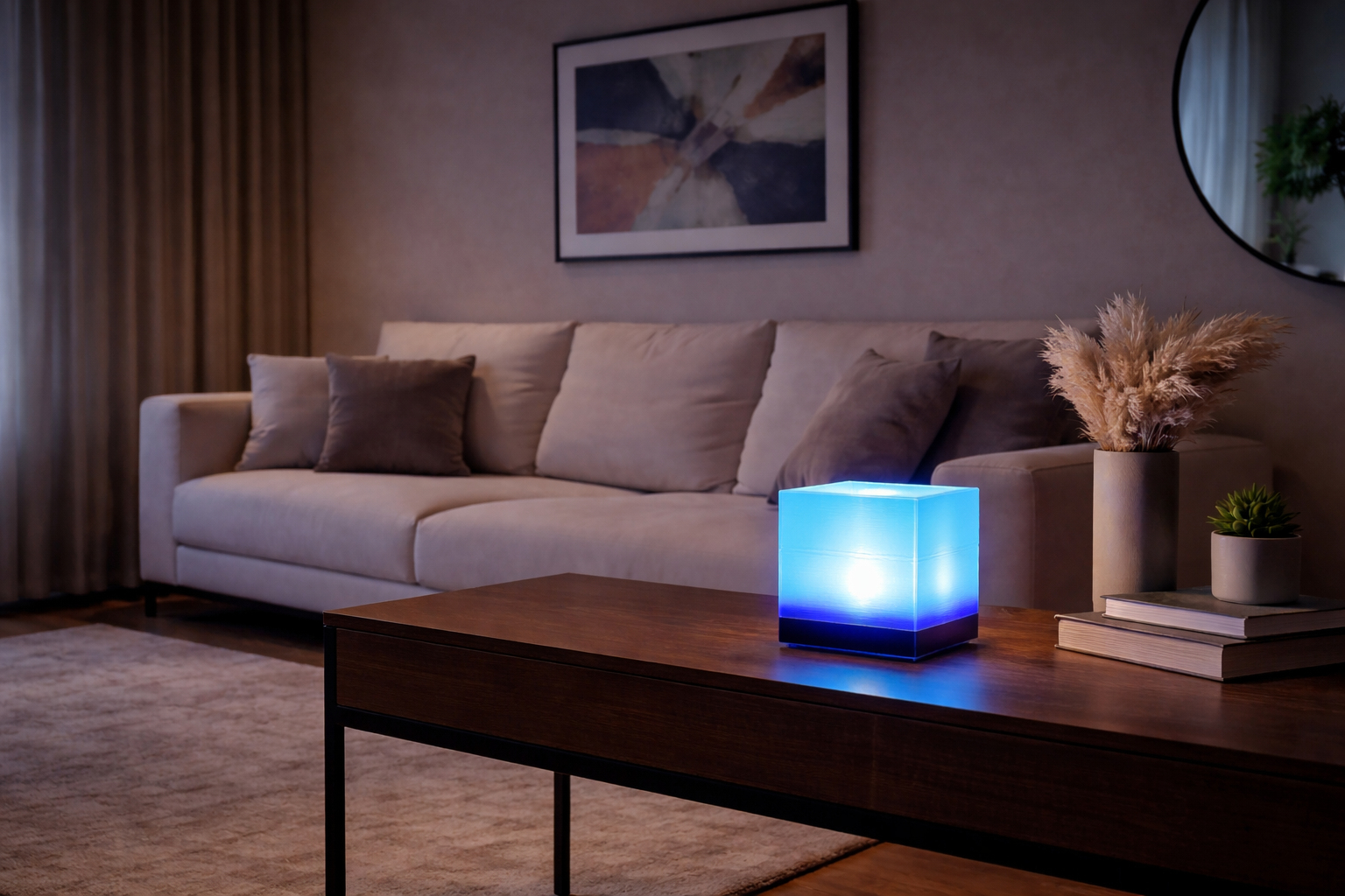 Modern decorative cube LED table lamp emitting blue ambient night light Cube LED night lamp for bedroom with energy efficient soft glow Decorative cube shaped LED lamp for living room and bedside use Minimalist cube LED lamp for home décor and ambient lighting Blue cube LED table lamp creating relaxing mood lighting indoors
