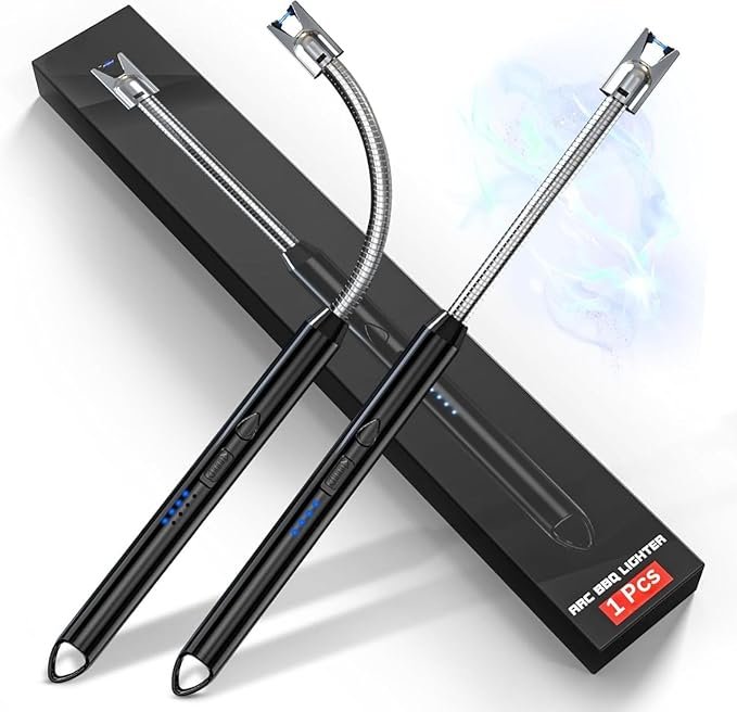USB rechargeable windproof plasma lighter with bendable neck for gas stove and candle lighting,Flameless plasma arc lighter with long flexible neck and safety switch for kitchen use,Black electric kitchen lighter with metal hook, flexible neck and USB rechargeable plasma arc