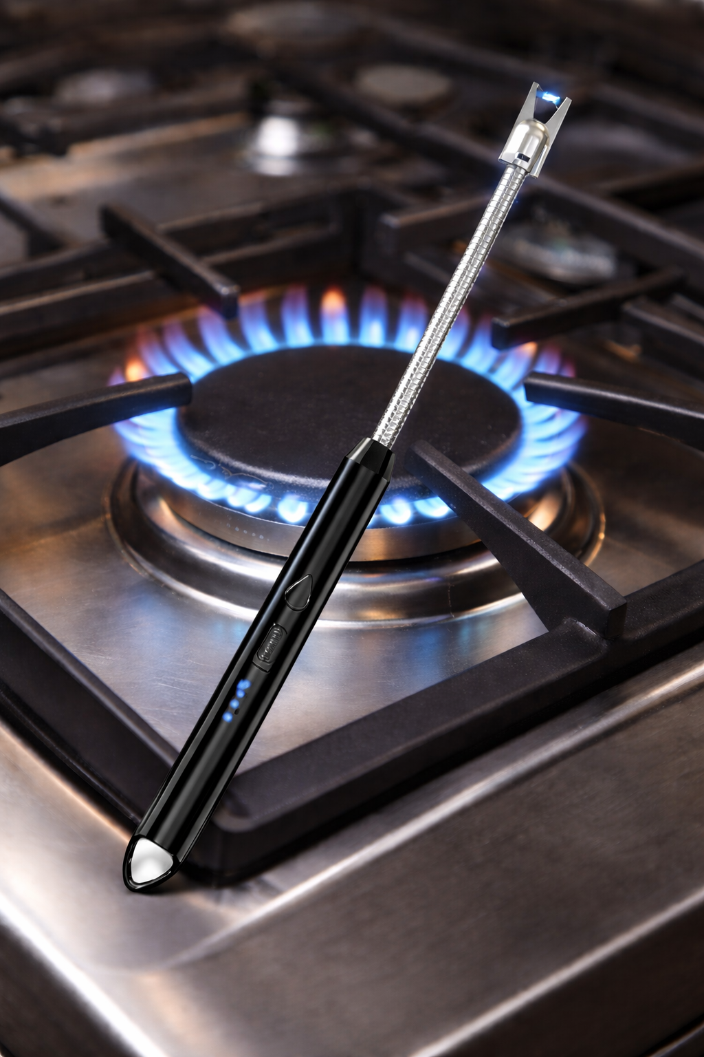 Rechargeable electric arc kitchen lighter with flexible long neck igniting gas stove flame