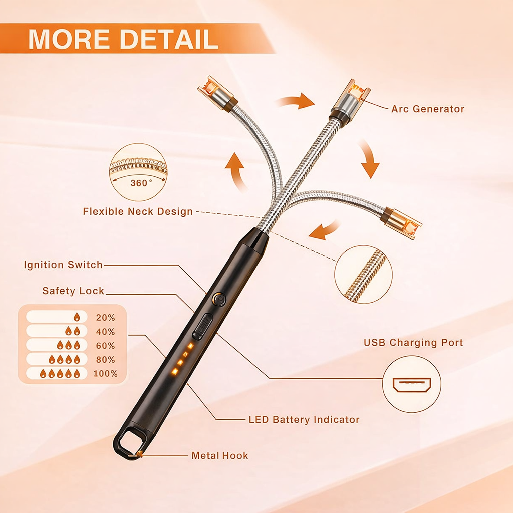Rechargeable Electric Arc Lighter for Kitchen | Windproof Flameless Plasma Ignition | Long Flexible Neck USB Lighter for Gas Stove, Candle & BBQ