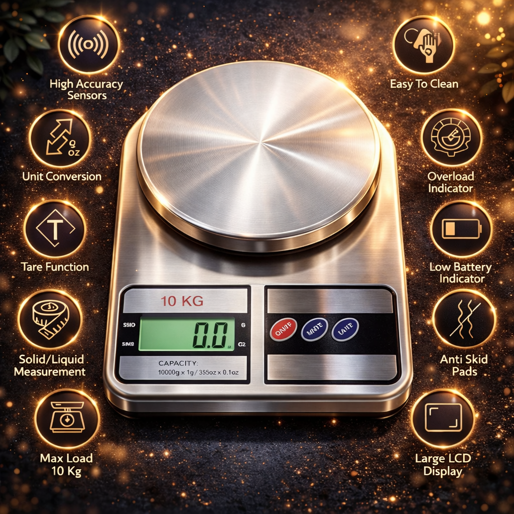 Electronic kitchen weighing scale measuring food ingredients for cooking and baking
